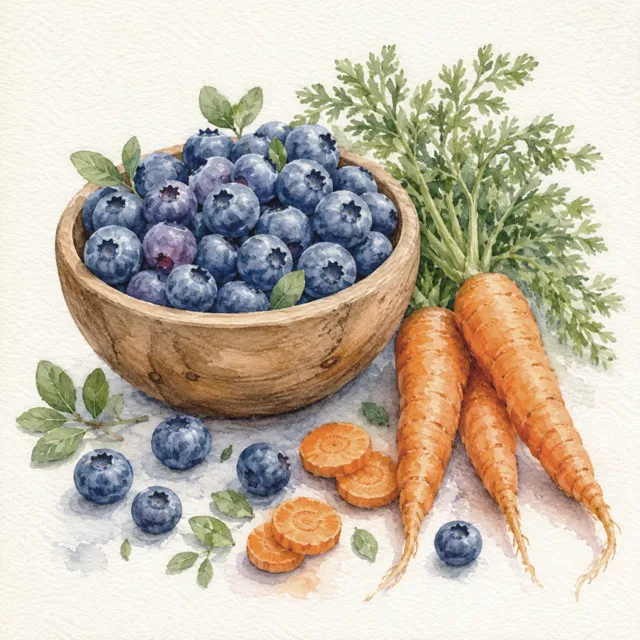 Watercolour illustration of blueberries and carrots