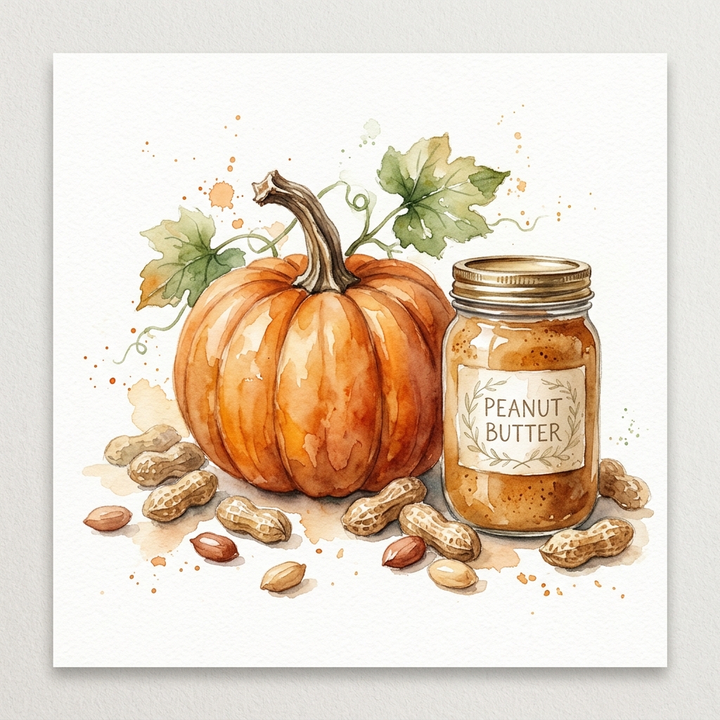 Watercolour illustration of pumpkin and peanut butter