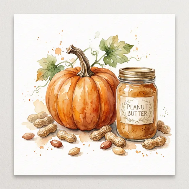 Watercolour illustration of pumpkin and peanut butter